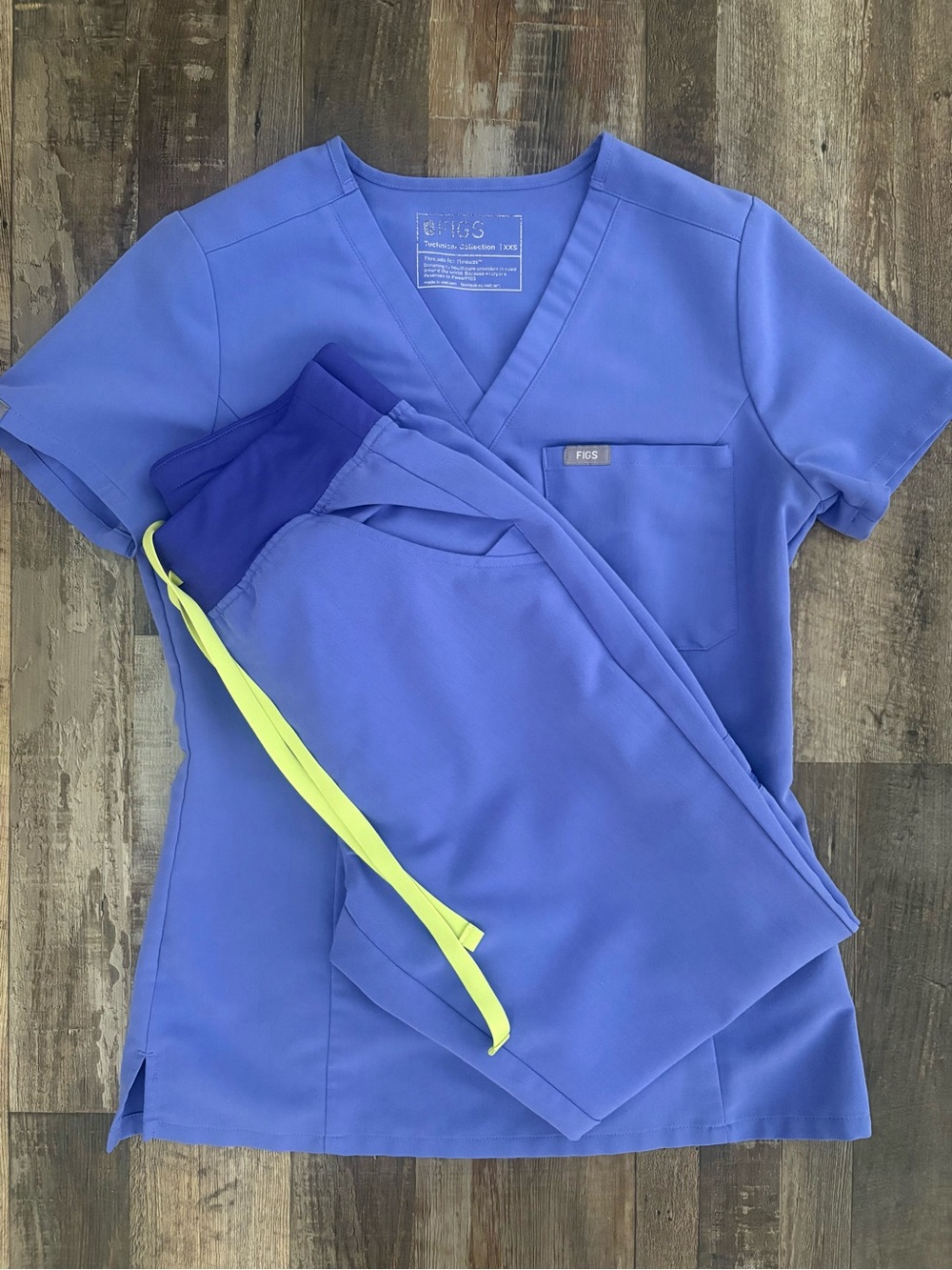 Figs Women's Scrub Set in Blueberry with Neon Yellow Drawstring
